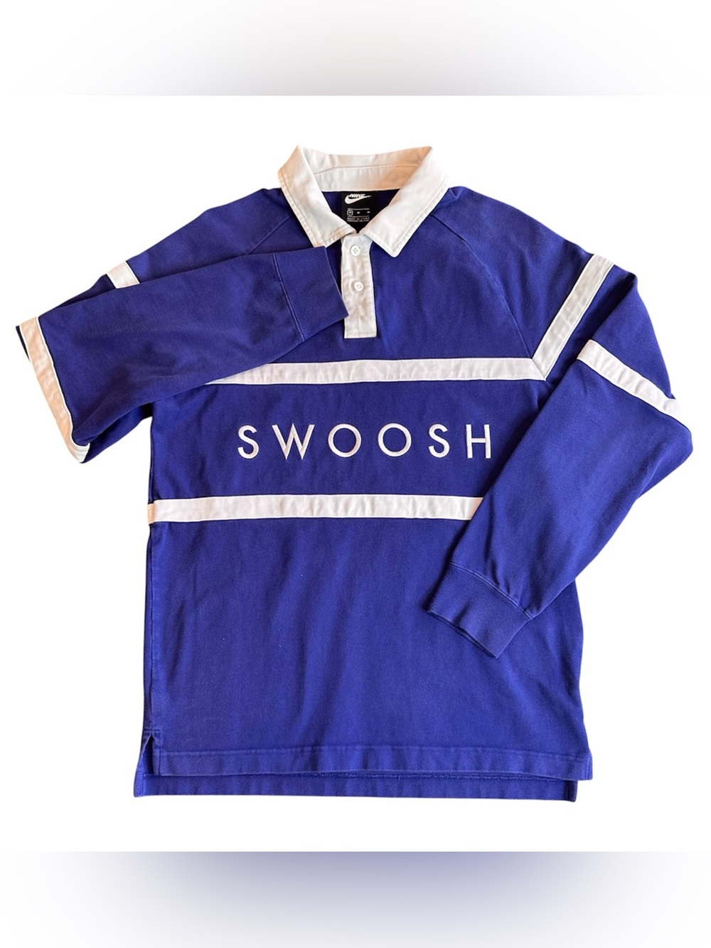 Nike Sportswear Swoosh Rugby Polo Shirt Blue White Embroidered Medium